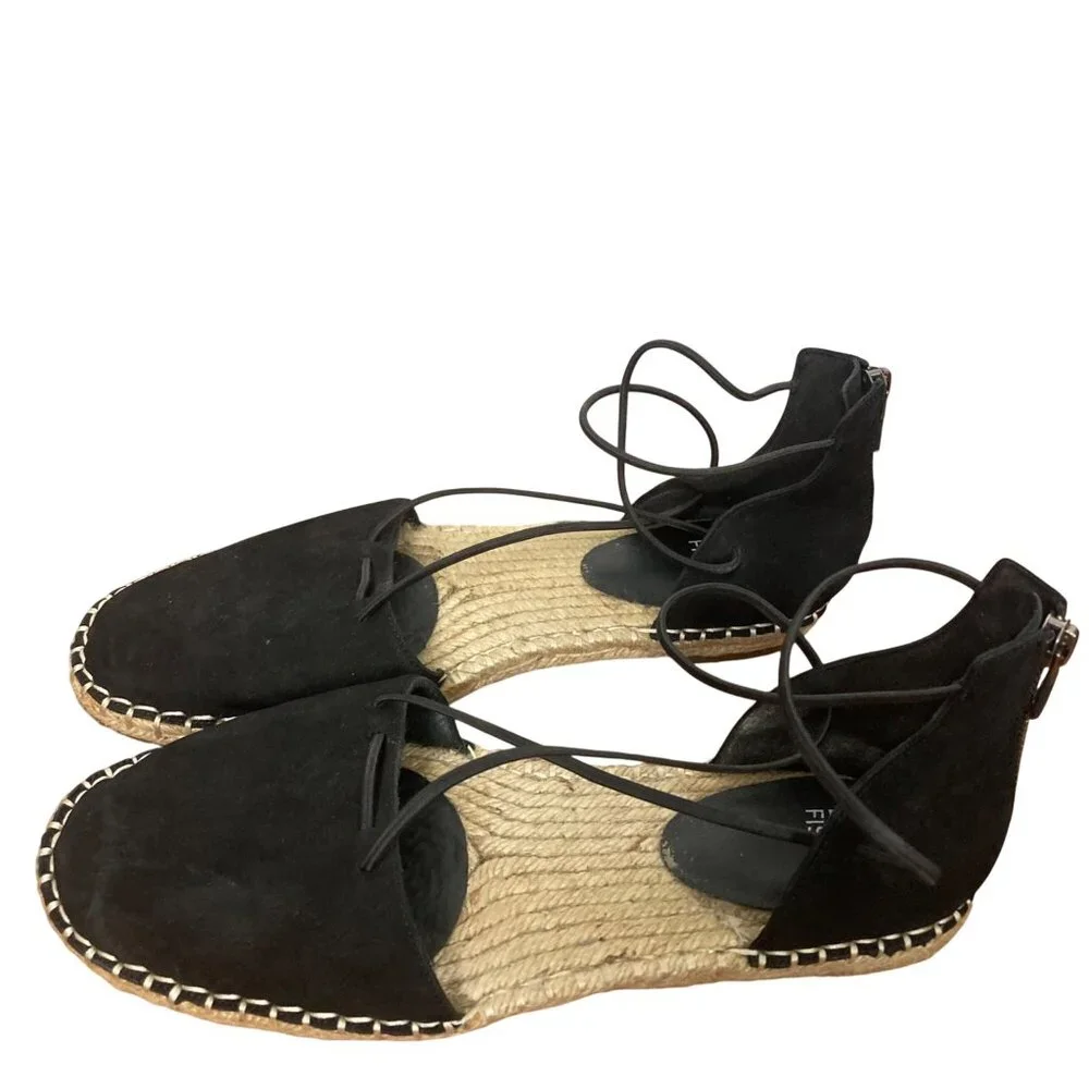 Eileen Fisher Lace Espadrille Flats Womens 8 Black Suede Strappy Sandals